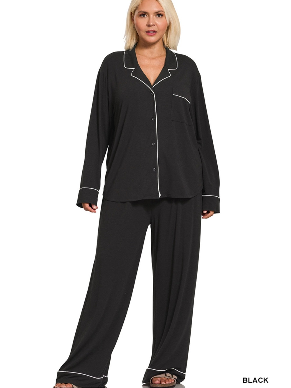 Zenana Black Two piece Shirt And Pants Pajama